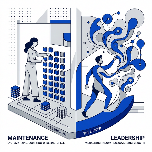 Conceptual illustration of a librarian vs a leader